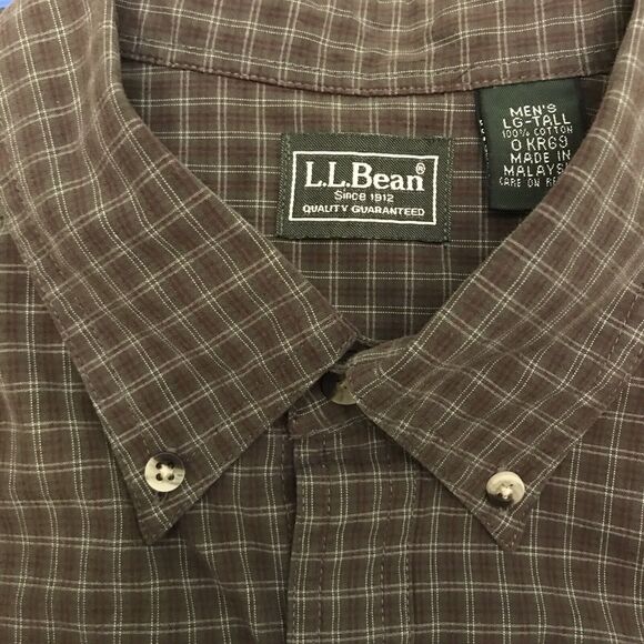 Vintage L.L. Bean Long Sleeve Button Down Brown Plaid Shirt Mens size LT Cotton - Picture 4 of 11